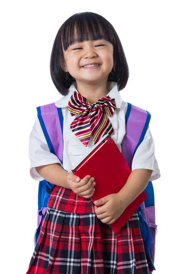 Asian Chinese Little Student Girl With School Bag And B