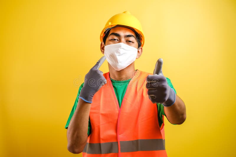 Asian Construction Worker Man Wearing Orange Safety Vest and Helmet ...