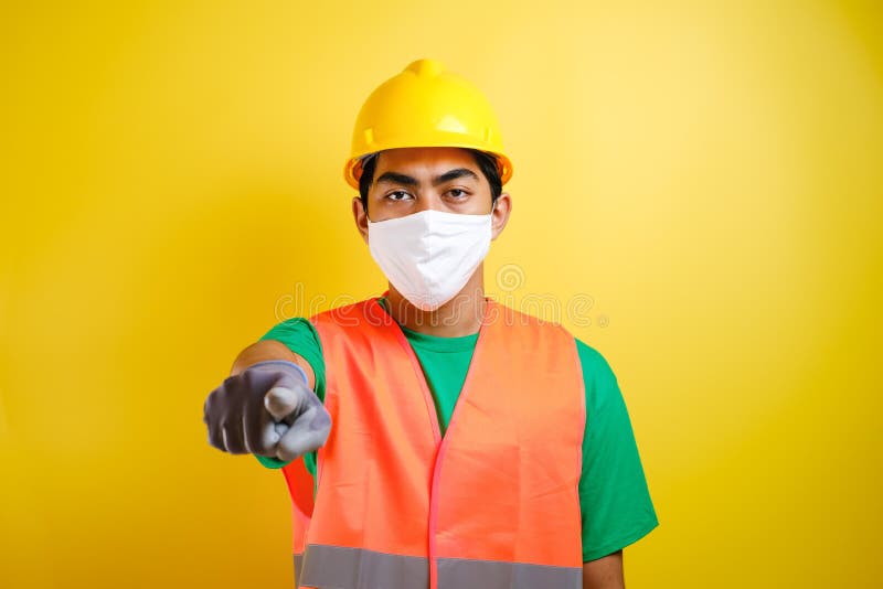 Asian Construction Worker Wearing Protective Mask Pointing Forward ...
