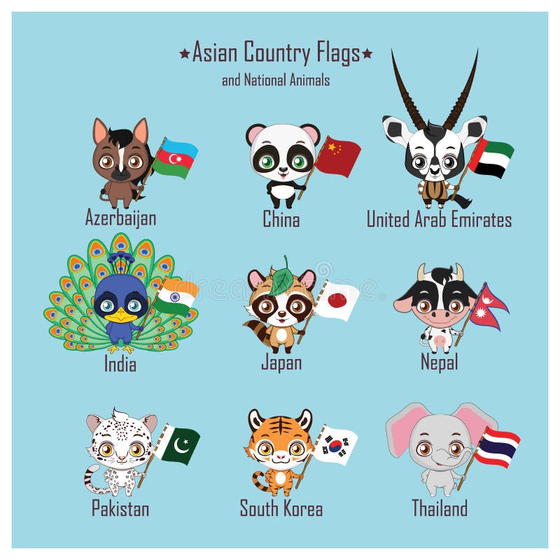 Asian Country Flags and National Animals Stock Vector - Illustration of  national, asian: 151601701