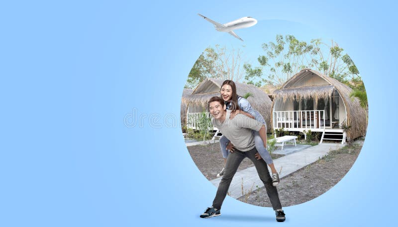 Asian couple having fun with cottage background royalty free stock photography Asian couple having fun with cottage background royalty free stock photography