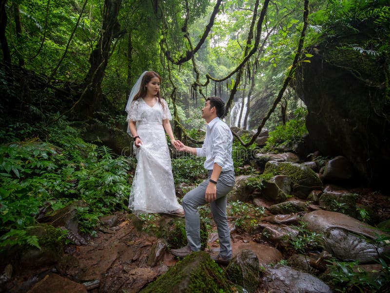 Asian Couple Taking Pre Wedding Photo in Jungle. Waterfall in Thailand.  Dark Greeen Forest. Stock Photo - Image of green, marriage: 194127506