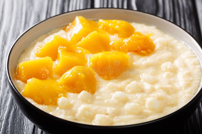 Asian Dessert Pudding Made of Tapioca with Coconut Milk and Mango Close