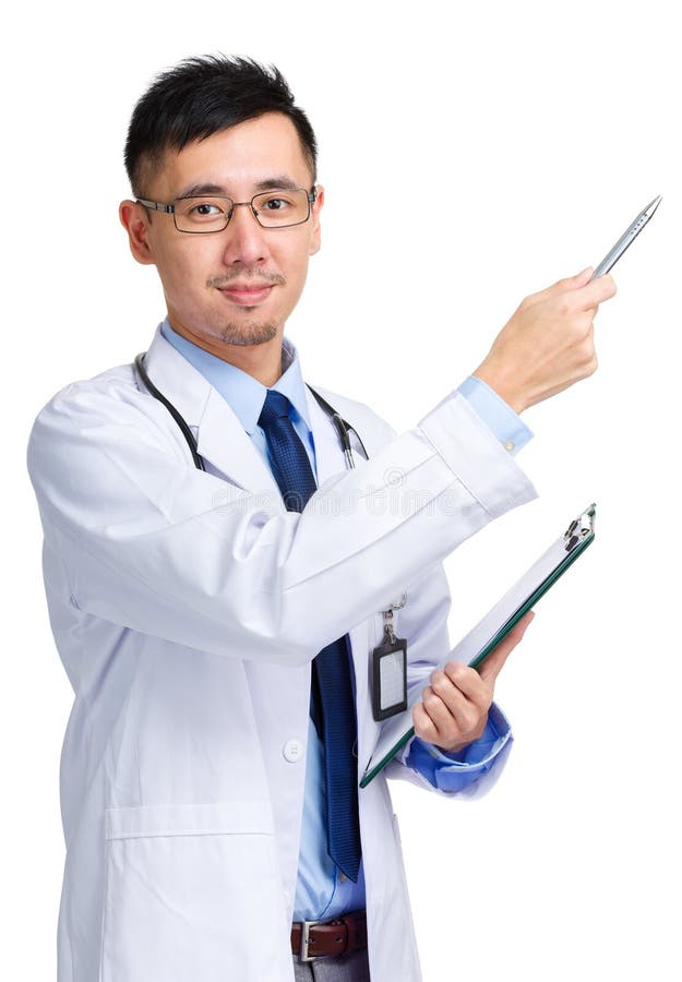 Asian doctor holding clipboard and pen pointing up isolated on white
