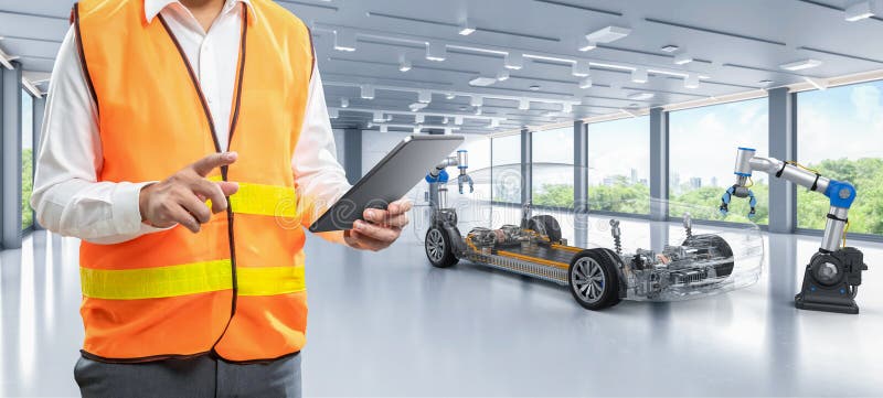 Asian engineer or technician work with ev car automation automobile factory with greenery background. Development ev stock images, royalty-free photos and pictures