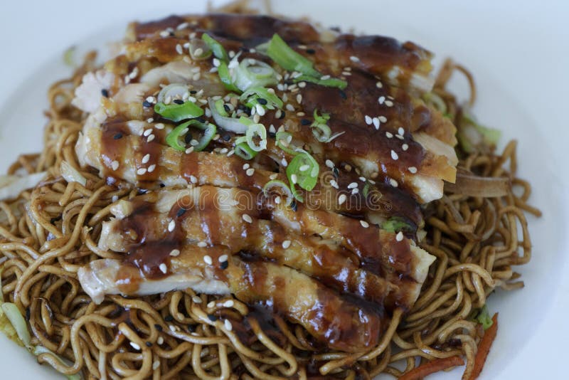 Asian Food Close-up. Yakisoba with Teriyaki Chicken Stock Image - Image