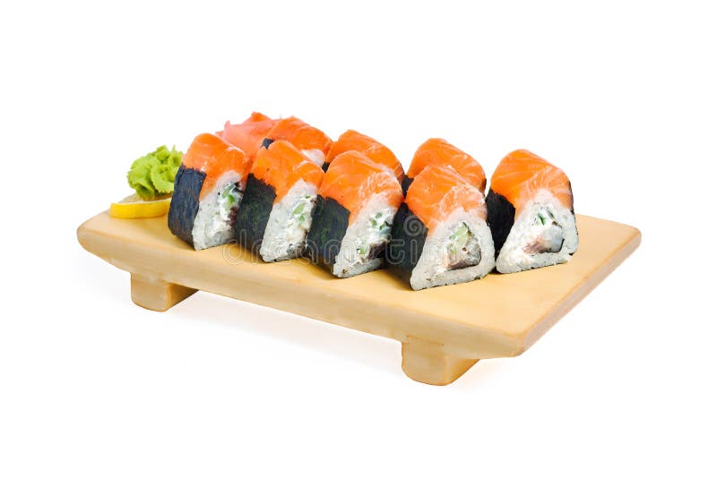 Asian food sushi on wooden plate
