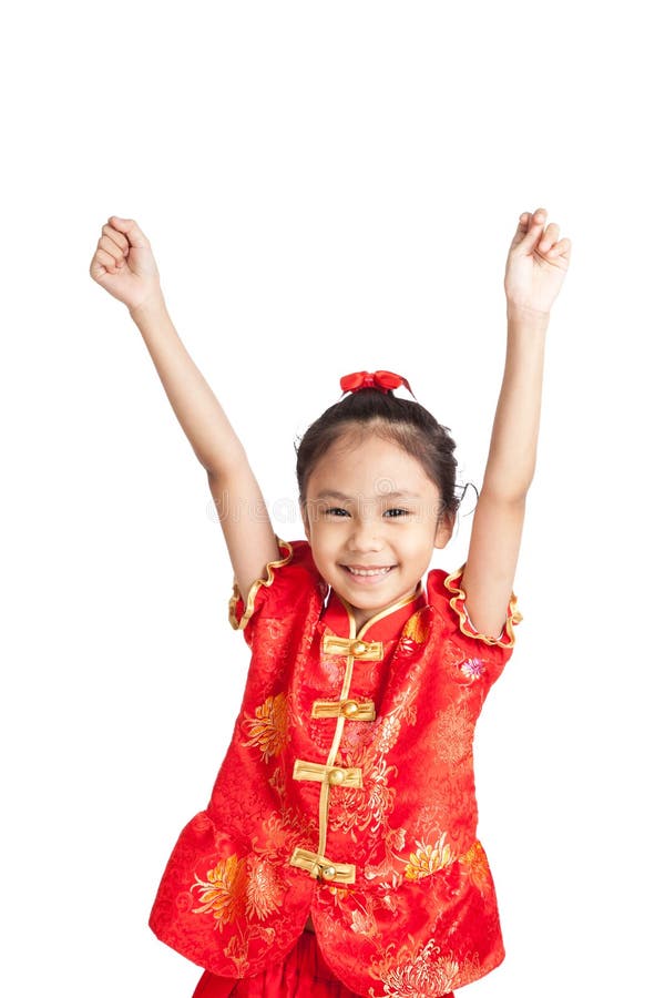 Asian Girl in Chinese Cheongsam Dress Put Her Hands Up Stock Photo ...