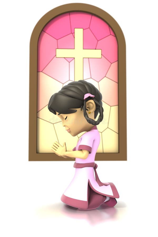 Asian girl praying in front stained glass window vector illustration