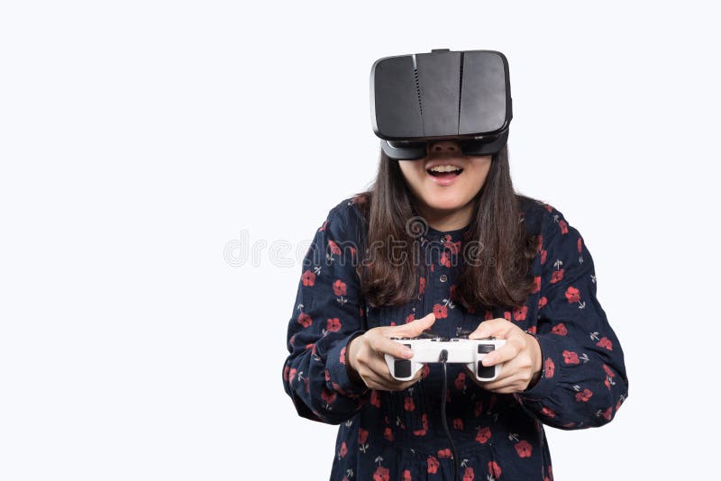 Asian girl with VR glasses stock photo. Image of isolated 66975692
