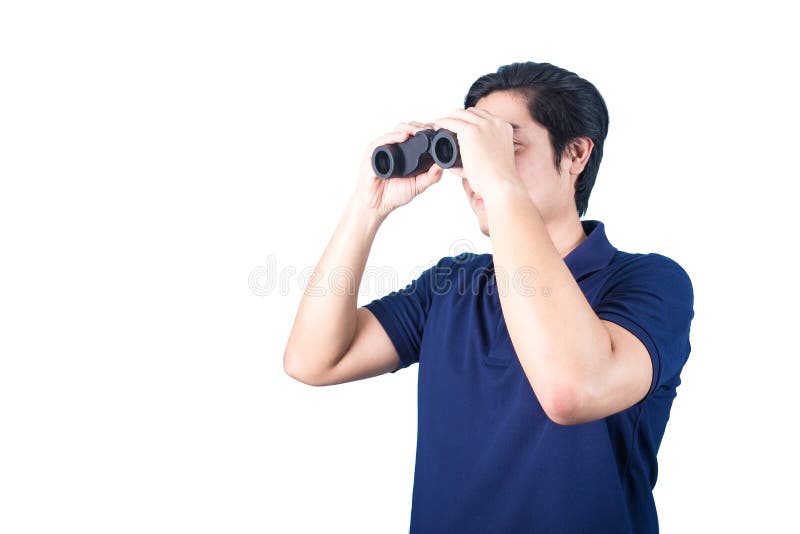 Asian Guy Holding Binoculars, Isolated On A White Background. Stock