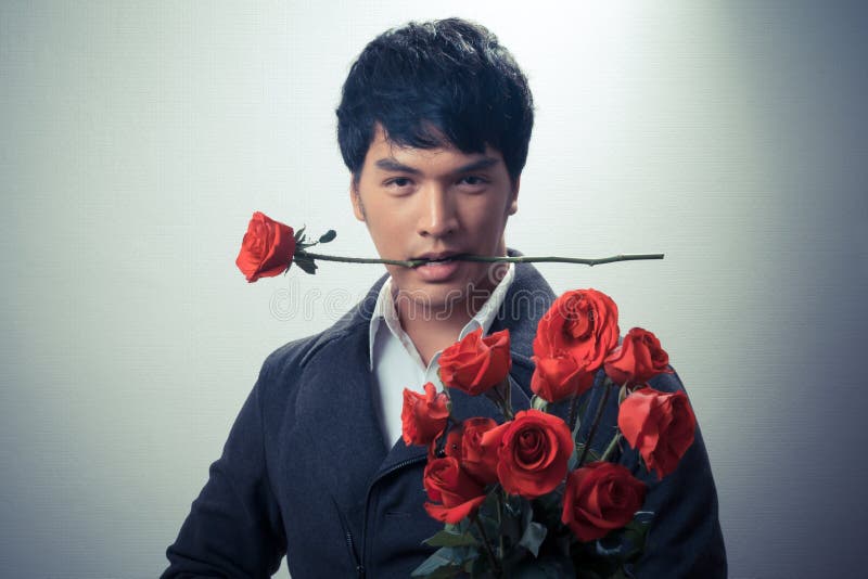 Asian Guy with Red Roses in Retro Style Stock Image Image of flower, bouquet 47947761