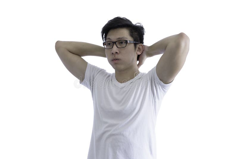 Asian handsome man with white shirt and orange eyeglasses has arms crossed and thanks for goodluck and relief isolated on white background and clipping paths adult attractive black boy brown casual cheerful expression face fashion fitness goal god health idea male model person portrait pressure pretty serious smart stalwart strengh stress style thankful thinking tired up young