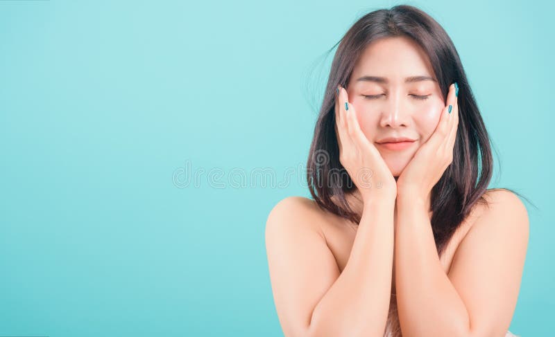 Woman Standing Smiling Surprised Excited Her Hands Over Her Face Stock