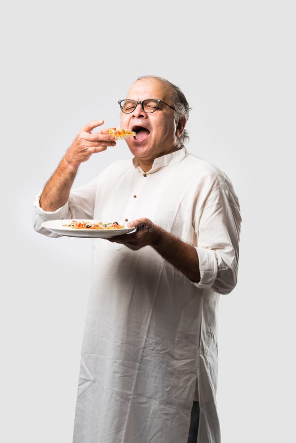 Asian Indian Old Man Eating Pizza with Funny Expressions Stock Image -  Image of india, dinner: 195339389