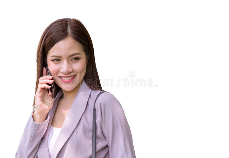 Asian lady smile while calling cell phone, Business girl using smartphone isolated on white background royalty free stock images Asian lady smile while calling cell phone, Business girl using smartphone isolated on white background royalty free stock images