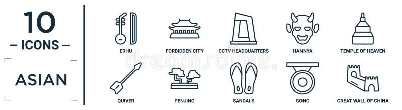 asian linear icon set. includes thin line erhu, cctv headquarters, temple of heaven, penjing, gong, great wall of china, quiver