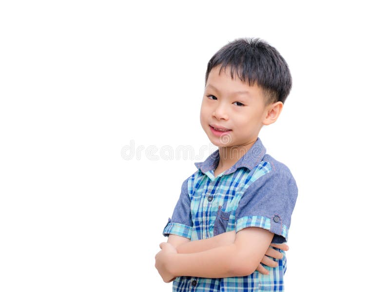 Asian little boy smiles on white background