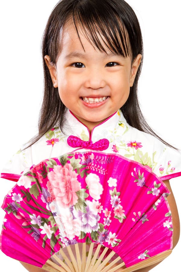 Asian Little Chinese Girl Holding Oriental Fan Stock Photo - Image of ...