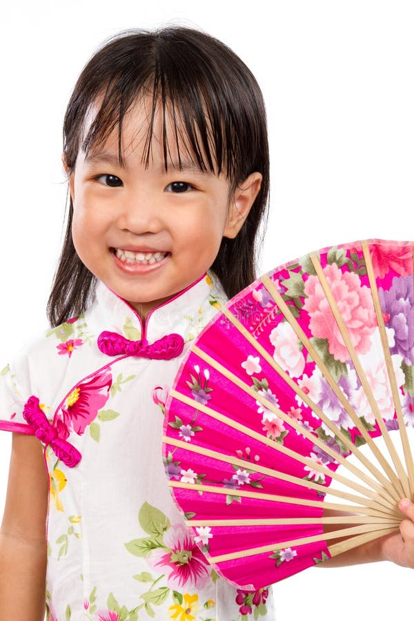 Asian Little Chinese Girl Holding Oriental Fan