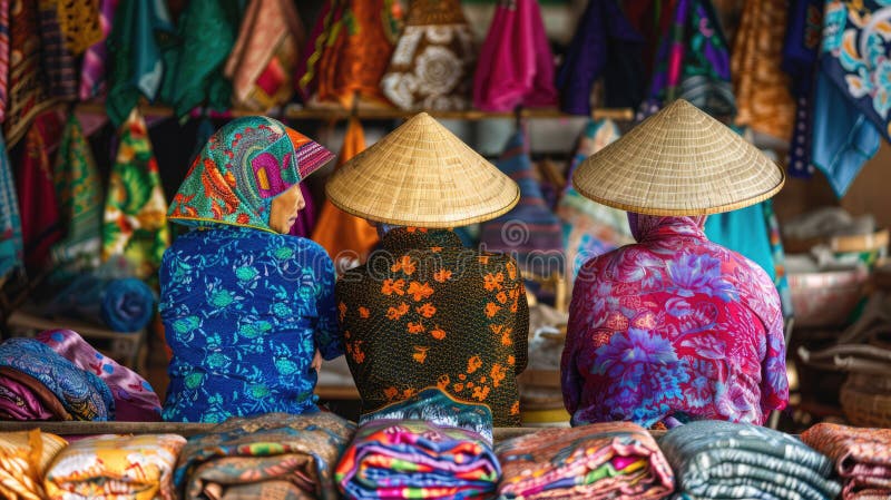 Piața locală asiatică. femeile vând țesături royalty free stock photo