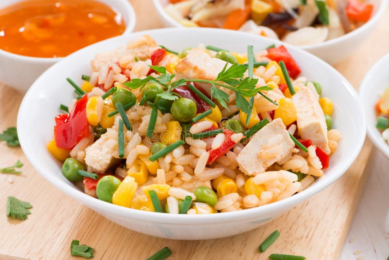 Asian lunch - fried rice with tofu, close-up