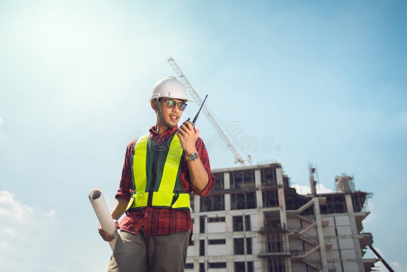 Asian Man Civil Engineer Wearing Safety Helmet in Site Work. Stock ...