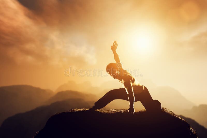 Asian man, fighter practices martial arts in mountains