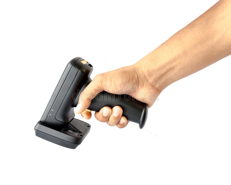 Studio Shot Right Male Hand Using RFID Scanner Isolated On White Stock