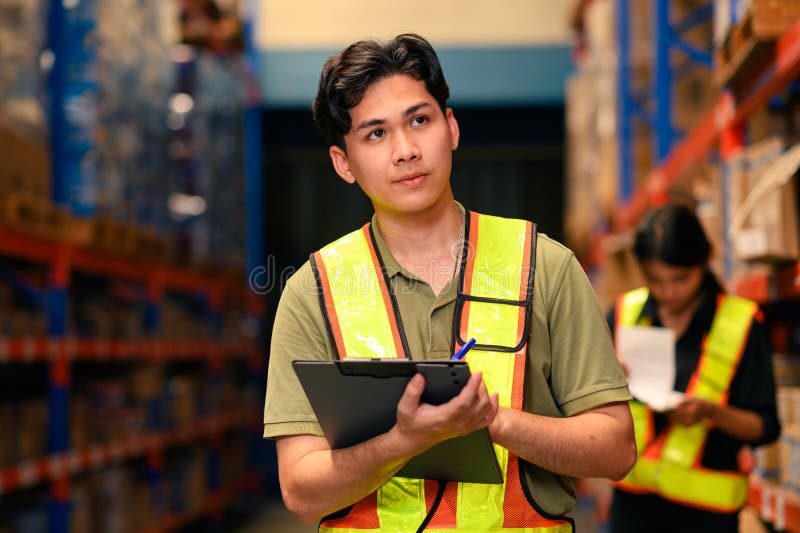 Asian man warehouse managers checking stock in workplace warehouse. industry logistic export import distribution concept stock photo