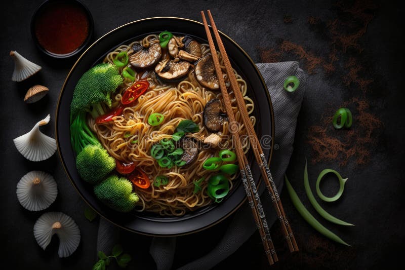 Asian Noodles with Vegetables and Mushrooms Illustration AI Generative