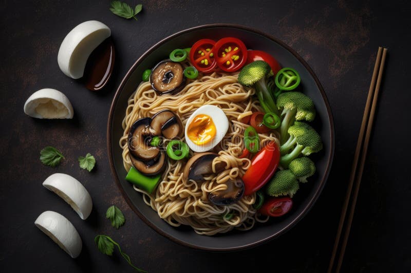 Asian Noodles with Vegetables and Mushrooms Illustration AI Generative