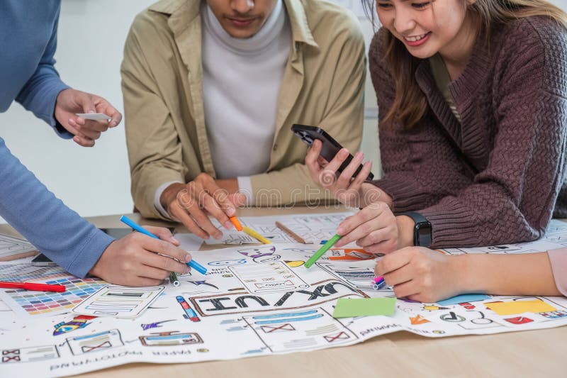 Asian office team brainstorming, plan for solution idea, Group of asia creative teamwork and woman leader at business royalty free stock photos