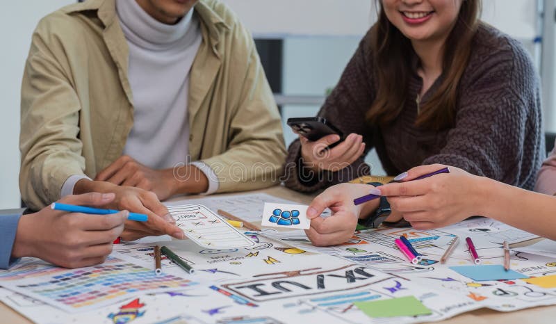 Asian office team brainstorming, plan for solution idea, Group of asia creative teamwork and woman leader at business royalty free stock photos