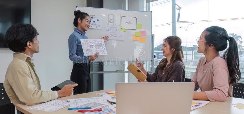 Asian office team brainstorming, plan for solution idea, Group of asian creative teamwork and woman leader at business stock images