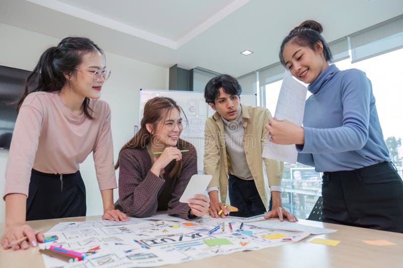 Asian office team brainstorming, plan for solution idea, Group of asian creative teamwork and woman leader at business royalty free stock images
