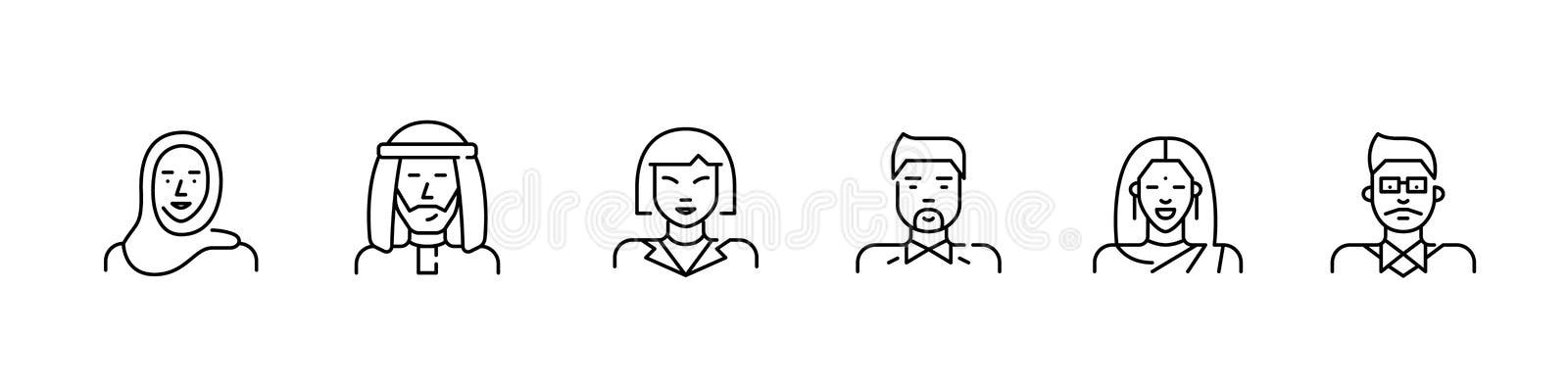 Asian people avatar profile icon. Arabic muslims, Chinese and Indian ethnicity. Pixel perfect, editable stroke line royalty free illustration Asian people avatar profile icon. Arabic muslims, Chinese and Indian ethnicity. Pixel perfect, editable stroke line royalty free illustration