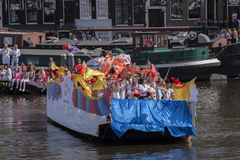 Asian Pride Boat At The Gaypride Canal Parade With Boats At Amsterdam