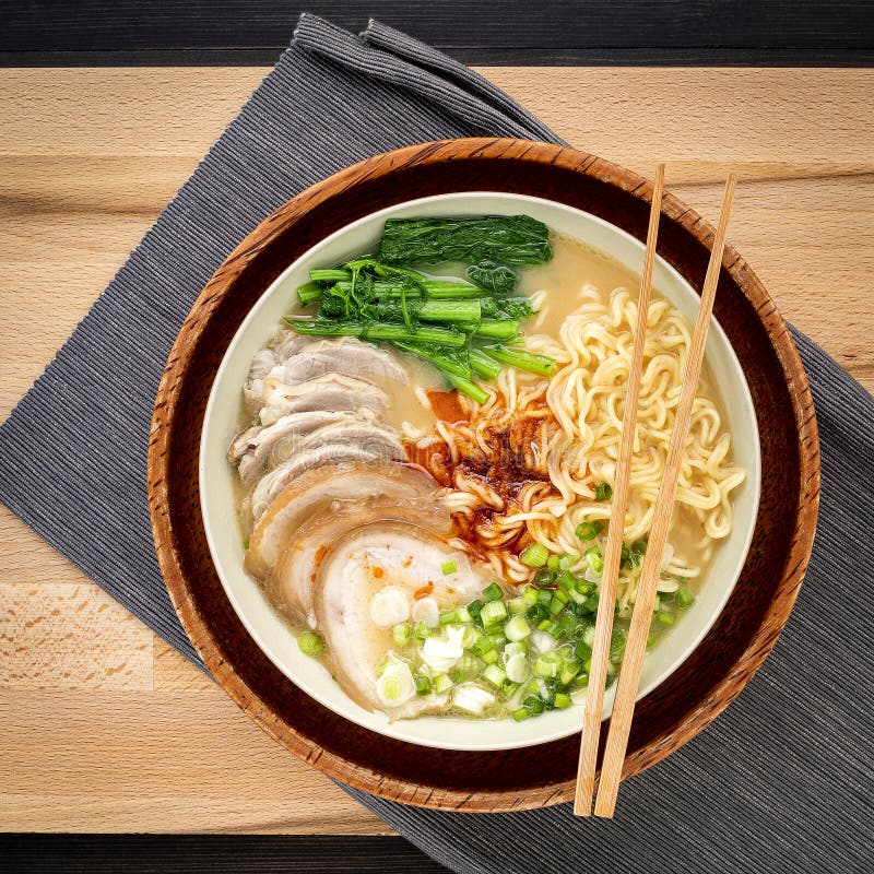 Asian Ramen Noodle Pork Bone Based Soup with Pork Chashu on Cutting