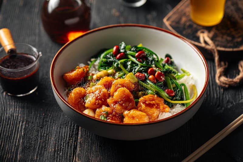 Asian Rice Dish with Shrimp and Spinach Stock Image - Image of spinach