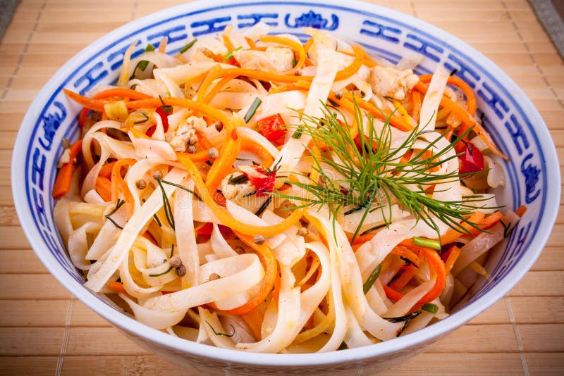 Asian Rice Noodle Salad with Chicken Meat and Carrots Stock Image