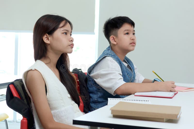 Asian schoolgirl and schoolboy student studying together in classes. Elementary school children engage in study at school. Happy royalty free stock photo