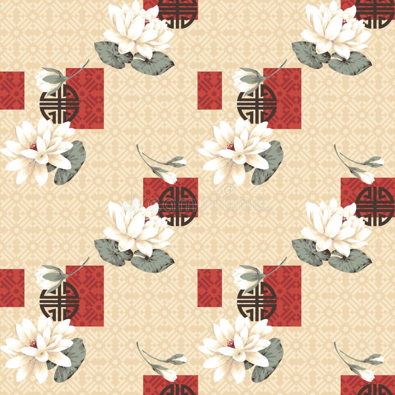 Asian seamless vector design with peonies, coins on textured background