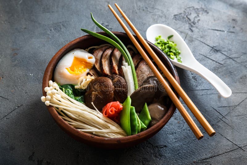 Asian Shiitake Enoki Spring Onions Mushroom Egg Noodle or Ramen Stock Photo Image of enoki
