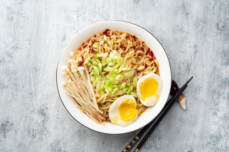 Asian Soup Ramen with Noodles, Spring Onion, Enoki Mushrooms and Boiled ...