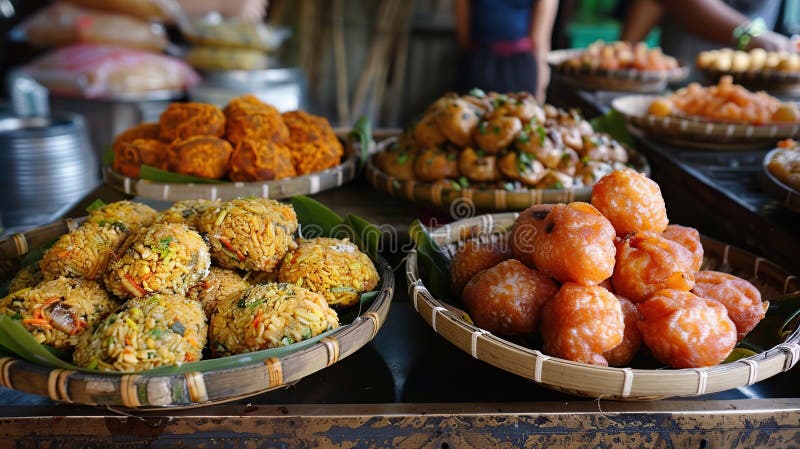 Asian Street Food Delicacies Displayed in Baskets Stock Illustration