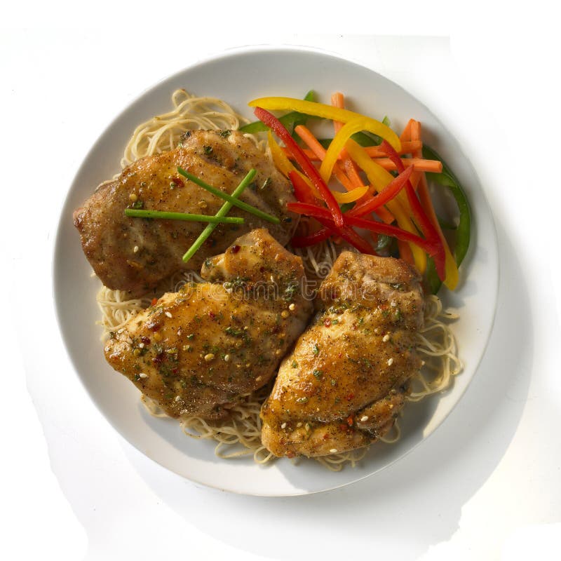 Asian Style Chicken Thighs on Noodles Stock Image - Image of meat