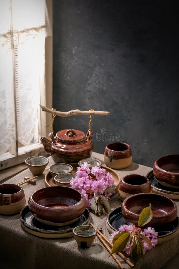Asian Style Table Setting with Craft Tableware Stock Image Image of