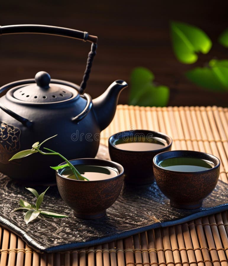 Asian tea set. Japanese teapot and cups on bamboo mat. generative
