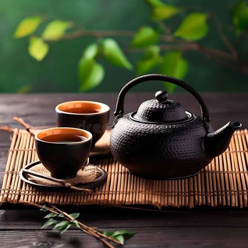 Asian Tea Set. Hot Tea In Pot And Teacups. Japanese Teapot And Cups On  Bamboo Mat Stock Photo, Picture and Royalty Free Image. Image 200564531.